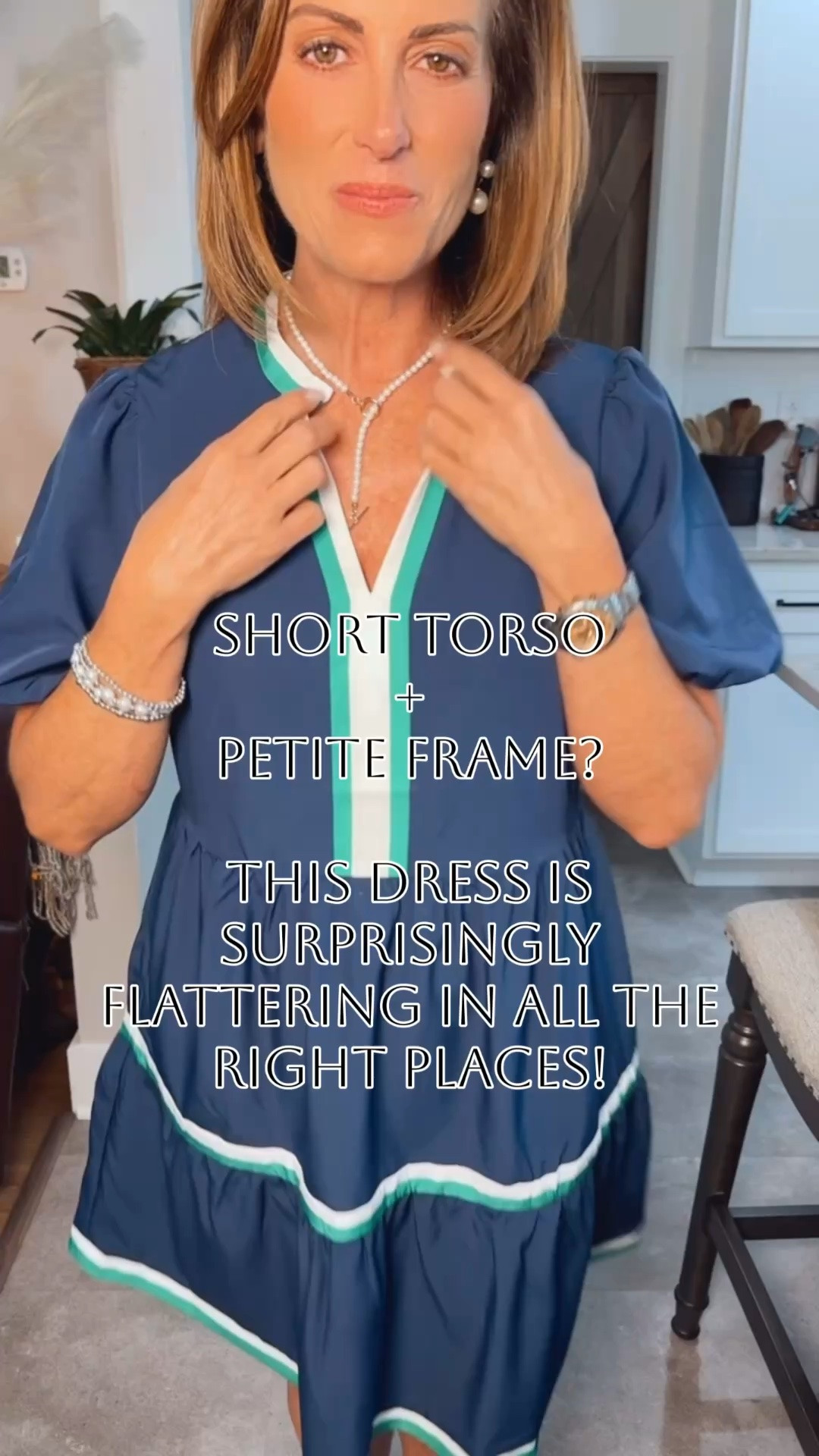 Classic, flattering, and petite-friendly 💙✨
This dress checks every box for women over 50 with a shorter torso The neckline elongates, the fit feels effortless, and the length is just right without overwhelming a petite frame. 
Perfect for brunch, vacation, summer parties, or just feeling put together without trying too hard.
I’m wearing a small.