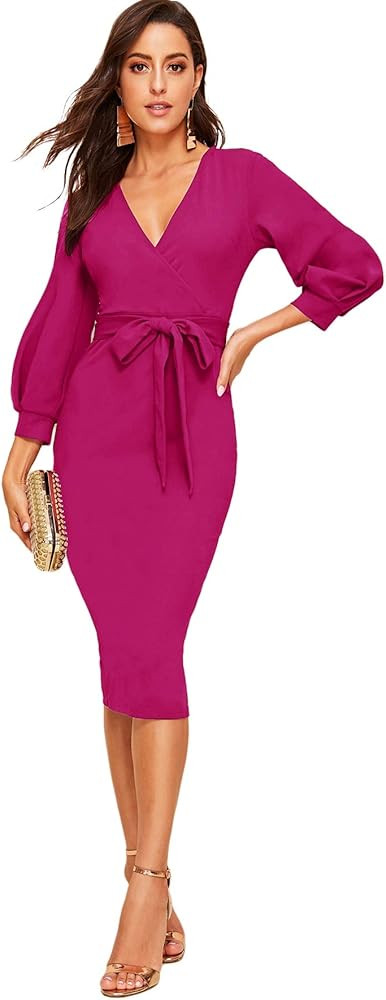 Verdusa Women's Plunging V Neck Bishop Sleeve Bodycon Belted Dress | Amazon (US)