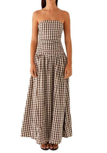 TUWIXIUW Women Gingham Strapless Maxi Dress Drop Waist Y2k Backless Tube Long Dresses Flowy Ruched A Line Beach Sundress(Plaid Brown,Medium) | Amazon (US)