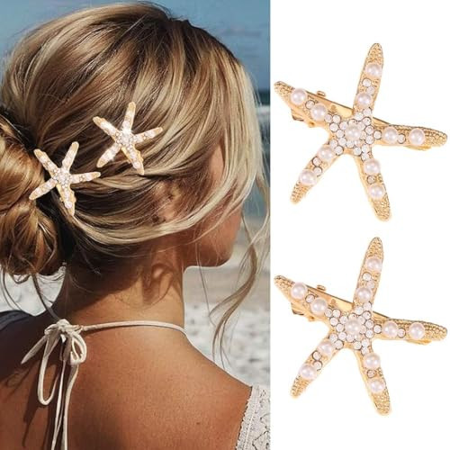 CAKURE Starfish Hair Clips Gold Metal Sea Star Hair Barrettes Cute Pearl Side Hair Pins Beach Hair Accessories for Women and Girls (Pack of 2) (a-gold) | Amazon (US)