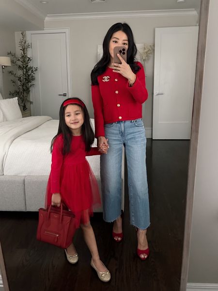 Lunar new year lucky red outfits 

• J Crew Emilie Sweater in cardinal xxs, love the sturdy 100% cotton weight 

nori is just toting my Celine nano bag for fun 

• Madewell Petite Vintage Wide Leg Crop Jeans in Altoona wash 24P - loving this new wash, and these jeans are so petite friendly! Petite 24 has a 26.5” inseam and 9.5” rise, the inseam increased a tad with size. 

• Old Ann Taylor shoes, linked similar

•On Nori: H&M Girls dress 

#petite Chinese new year , smart casual work outfits 

#LTKkids #LTKworkwear #LTKSeasonal