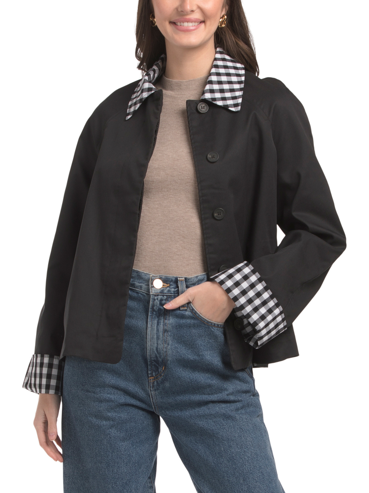 Cropped Trench Jacket With Gingham Collar | TJ Maxx