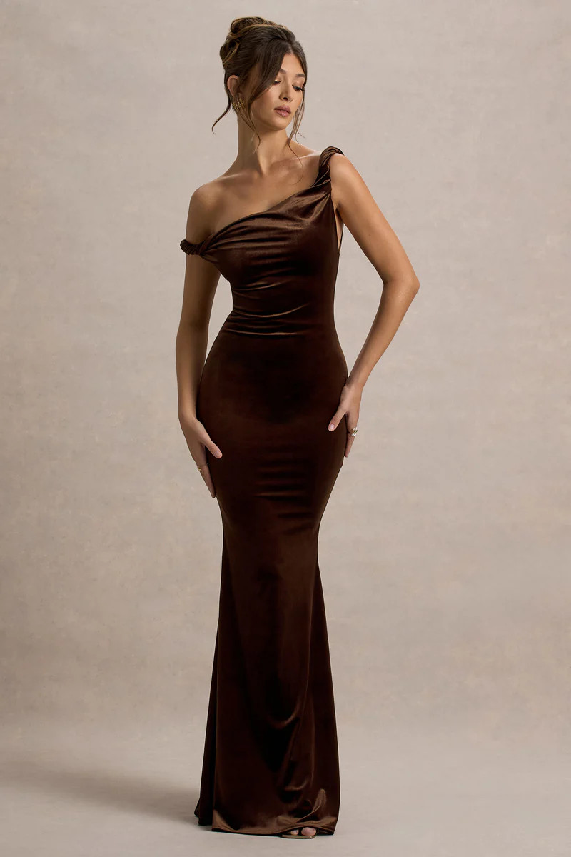 Neeka  Brown Velvet Twisted Asymmetric Maxi Dress | Club L London