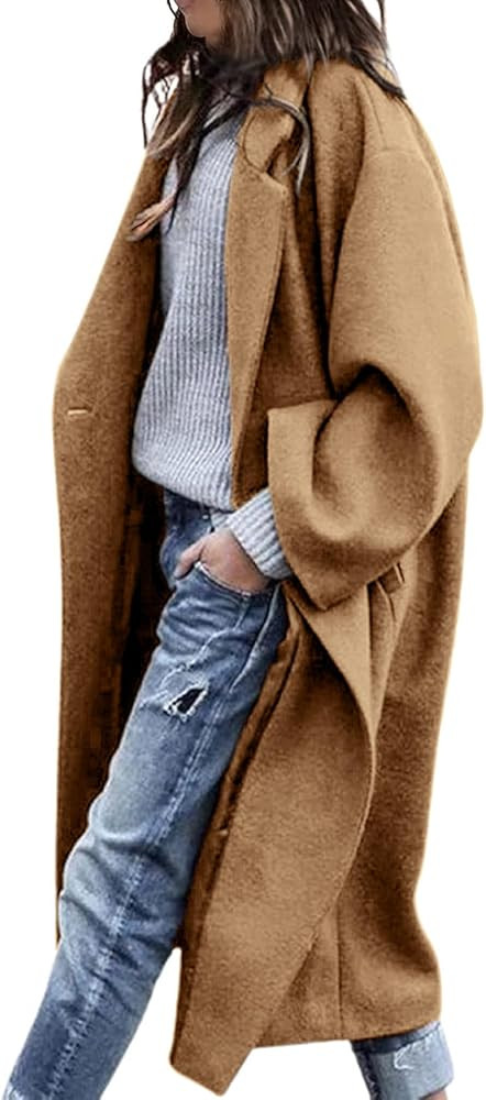 Women's Winter Wool Coat Notch Lapel Single Breasted Casual Mid Long Pea Trench Coat | Amazon (US)