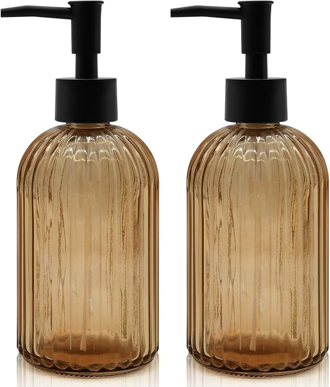 2 Pack 14oz Amber Glass Soap Dispenser with Black Pump – Refillable for Hand Soap, Dish Soap, L... | Amazon (US)