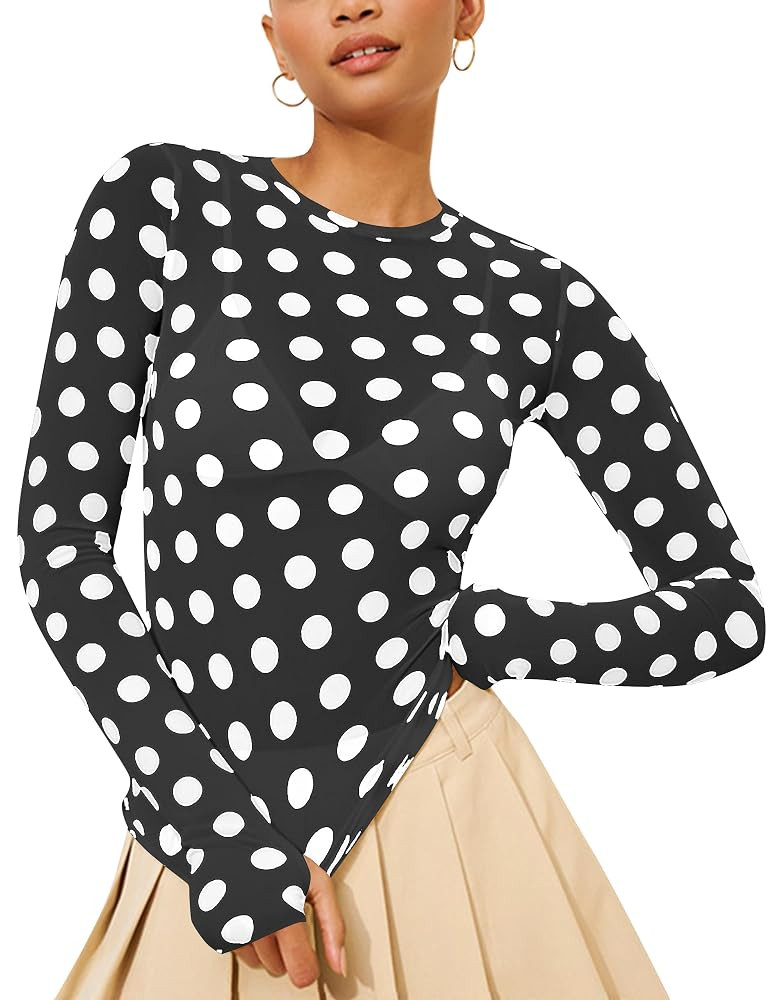 Polka Dots Lace Mesh Tops for Women Sheer Long Sleeve Top Sexy Crew Neck See Through Shirts Party... | Amazon (US)
