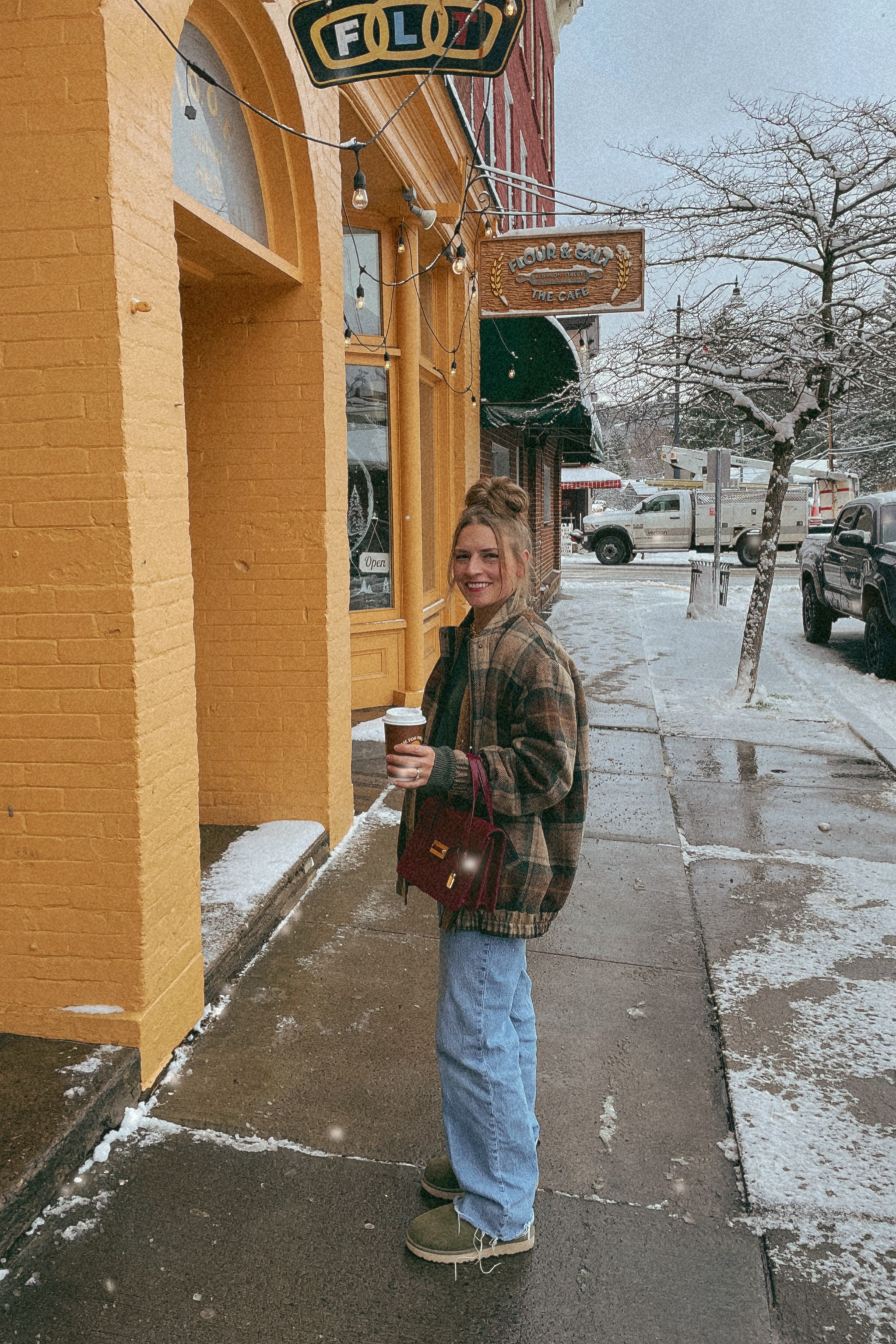 Plaid jacket, wool coat, sezane, low rise baggy jeans, Ugg ultra mini, Ugg boot, burgundy bag, cozy fashion, ootd