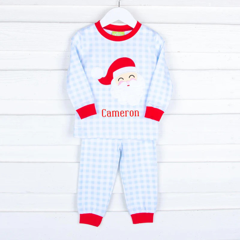 Happy Santa Blue Gingham Pajamas | Classic Whimsy
