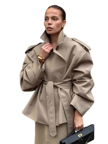 Womens Cropped Trench Coat Casual Double Breasted Short Jacket Fall Fashion Outerwear with Belt (US, Alpha, Medium, Regular, Regular, beige) | Amazon (US)