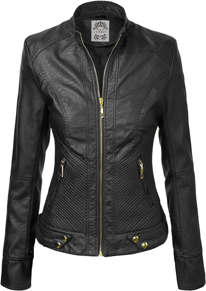 Made By Johnny MBJ Womens Faux Leather Zip Up Moto Biker Jacket with Stitching Detail | Amazon (US)