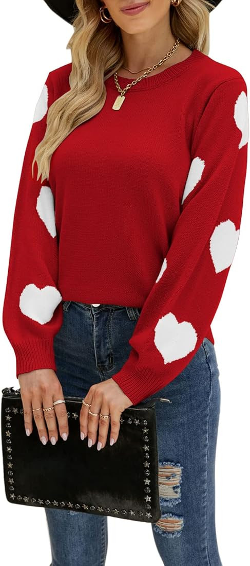 Drvitor Women's Pullover Sweaters Long Sleeve Crew Neck Cute Multi-Hearts Knitted Casual Sweater | Amazon (US)