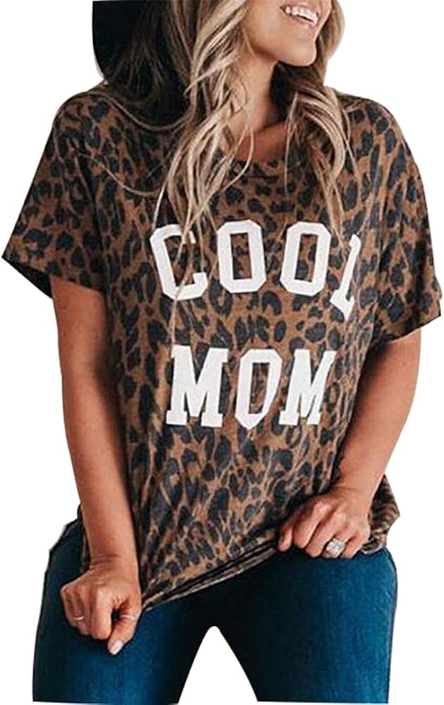 Women Cool Mom Shirt Funny Leopard Print Shirt Cute Round Neck Short Sleeve Animal Pattern Mama T... | Amazon (US)