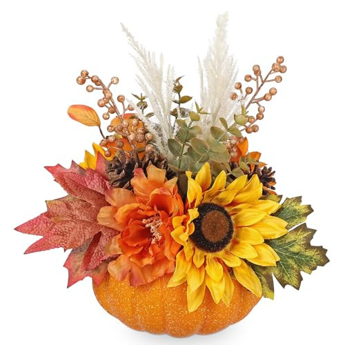 Arborus Artificial Pumpkin Fall Décor - Autumn Table Centerpieces with Orange Flowers, Maple Leaves, Sunflowers, Pumpkin – Halloween, Thanksgiving & Harvest Home Decoration | Amazon (US)