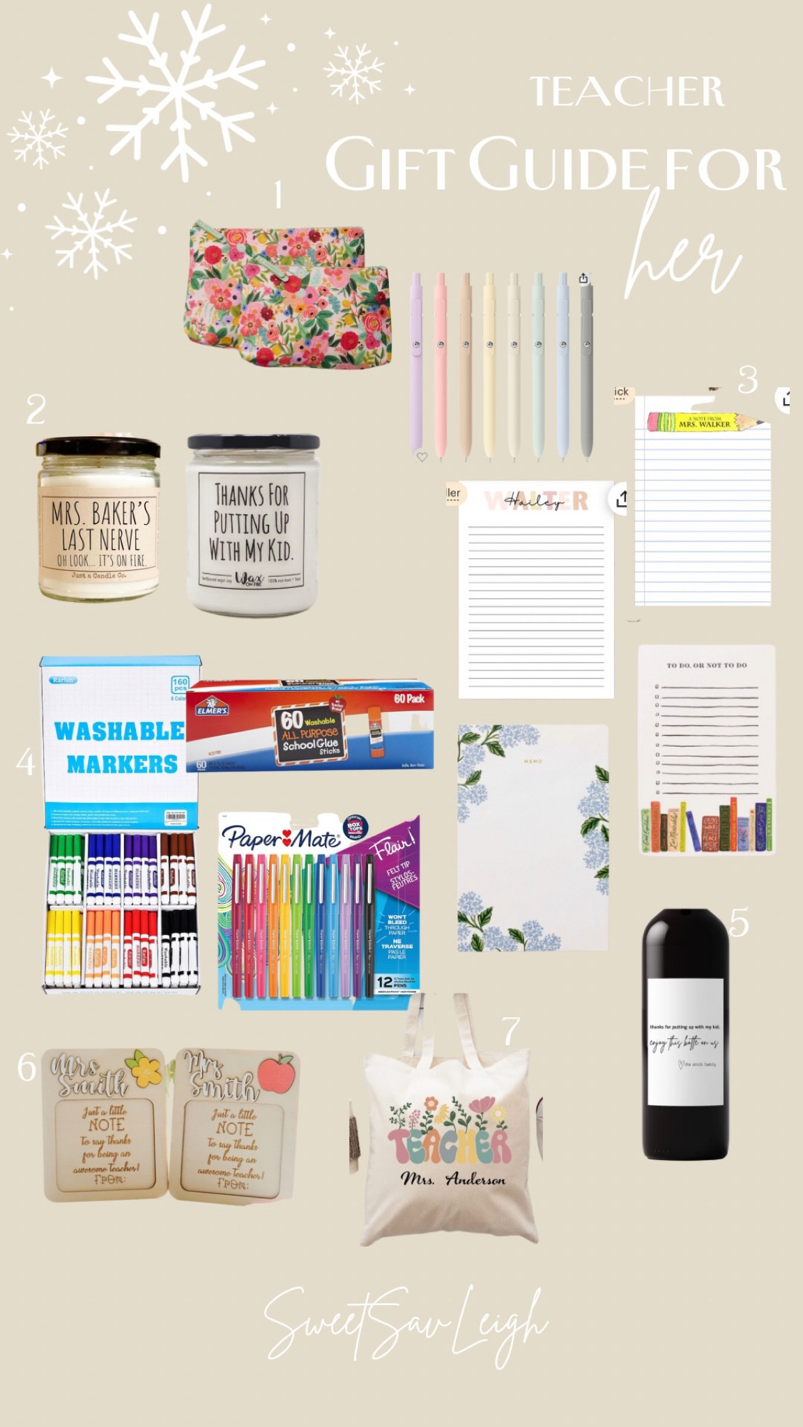 Gift guide for teachers!
1. Cute pencil pouch with nice pens/highlighters
2. Funny candles, I got these for my coworkers and they LOVED them
3. Monogrammed/personalized note pads
4. SCHOOL SUPPLIES. Honestly, at the half-year point, teachers are desperate for a restock of supplies. Reach out to the teacher and see what she needs for her classroom! You don’t have to spend much, I promise, every little bit helps!
5. Personalized/funny wine bottle tag
6. Personalized sticky note holder
7. Personalized/cute teacher tote. Teachers are always carrying multiple bags full of things, so these will be handy! 

#LTKHoliday #LTKSeasonal #LTKGiftGuide