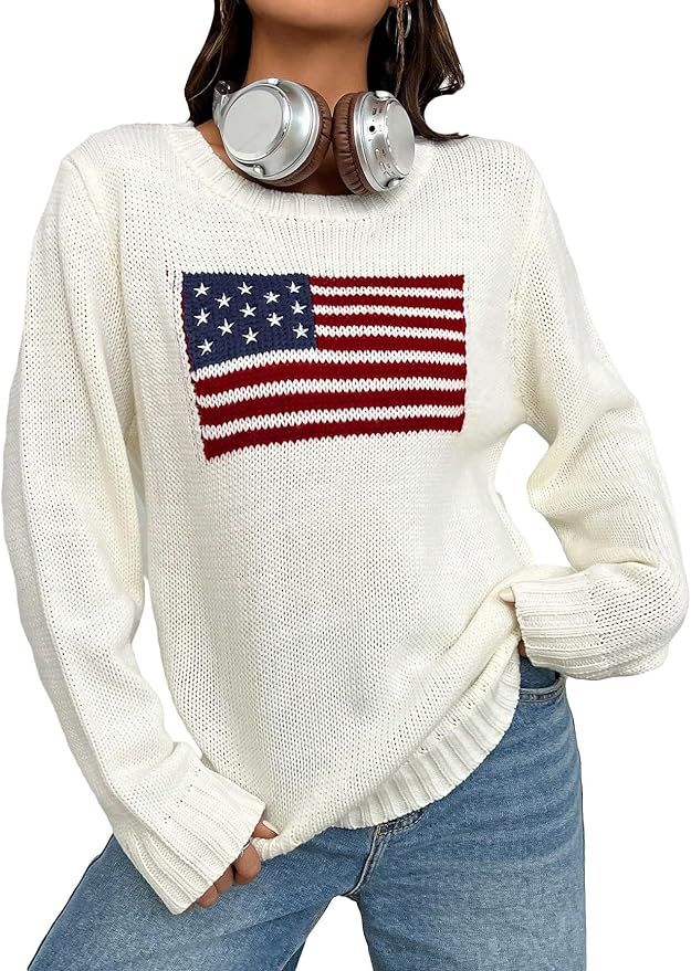 SweatyRocks Women's Flag Pattern Long Sleeve Round Neck Sweater Casual Loose Pullover Sweater | Amazon (US)