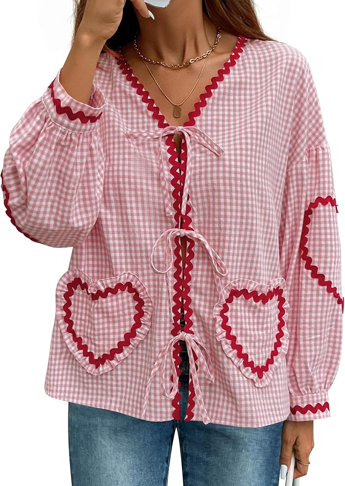 ZESICA Women's Tie Front Peplum Tops Long Puff Sleeve Lapel Collar Cute Babydoll Blouses Shirts | Amazon (US)