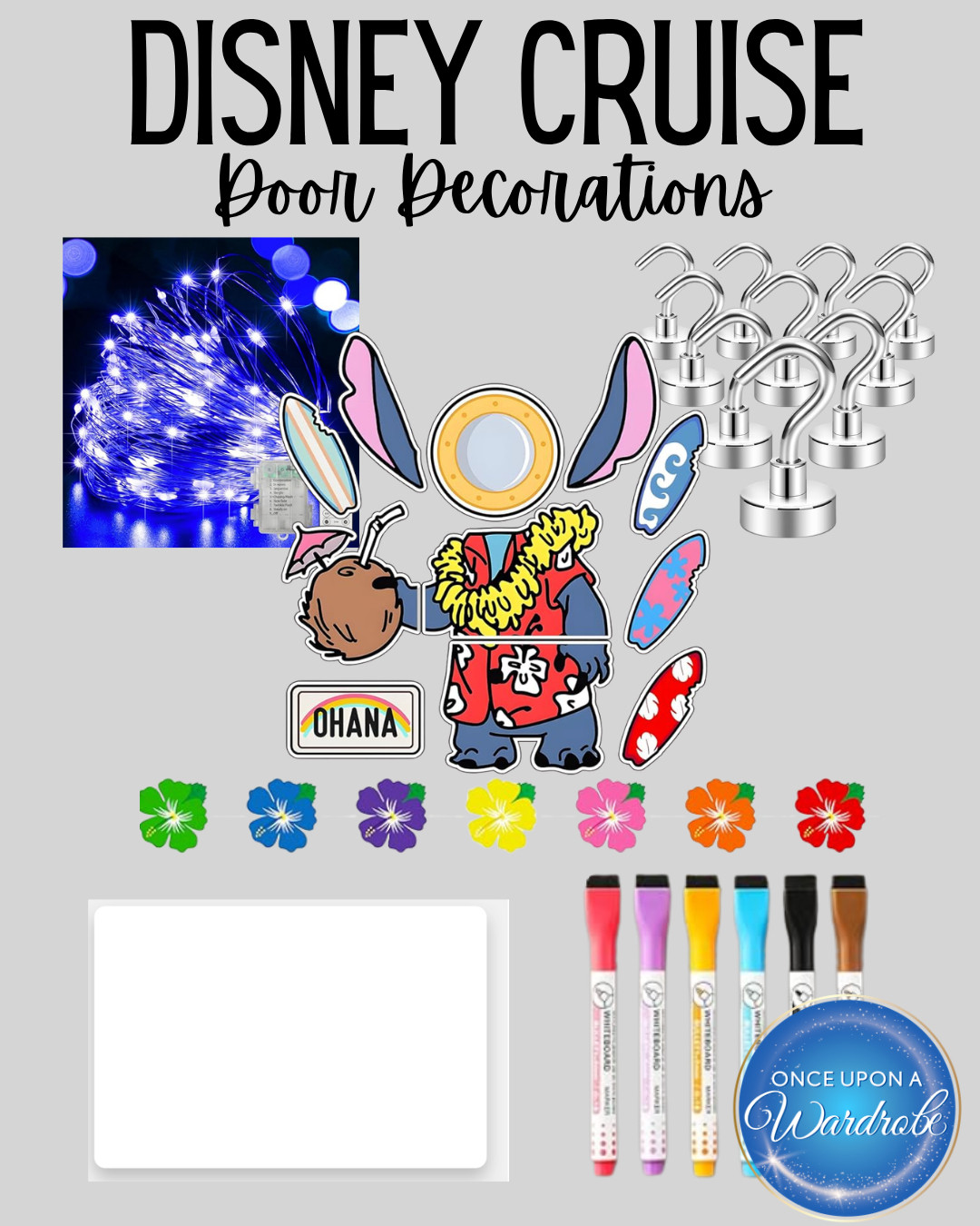 Disney cruise door decorations are one of the most fun ways to personalize your stateroom door. This Stitch-inspired setup includes magnetic hooks, fairy lights, tropical magnets, a dry erase board, and bright markers to help make your Disney Cruise Line door easy to spot and extra cute for your sailing.

#LTKmomlife #LTKTravel #LTKKids