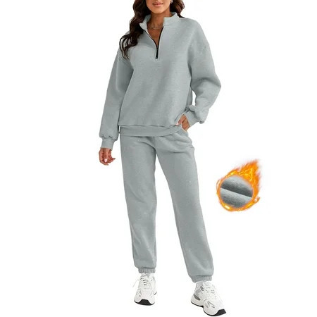 SHEWIN Womens 2 Piece Outfits Sweatsuit Fleece Lined Oversized Half Zip Pullover Long Sleeve Sweatshirt Jogger Pants Set with Pockets Gray S | Walmart (US)