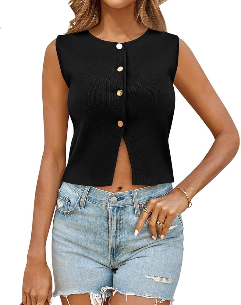 Saodimallsu Womens Sleeveless Cropped Sweater Vest Summer Trendy Knit Crop Tank Tops Crewneck But... | Amazon (US)