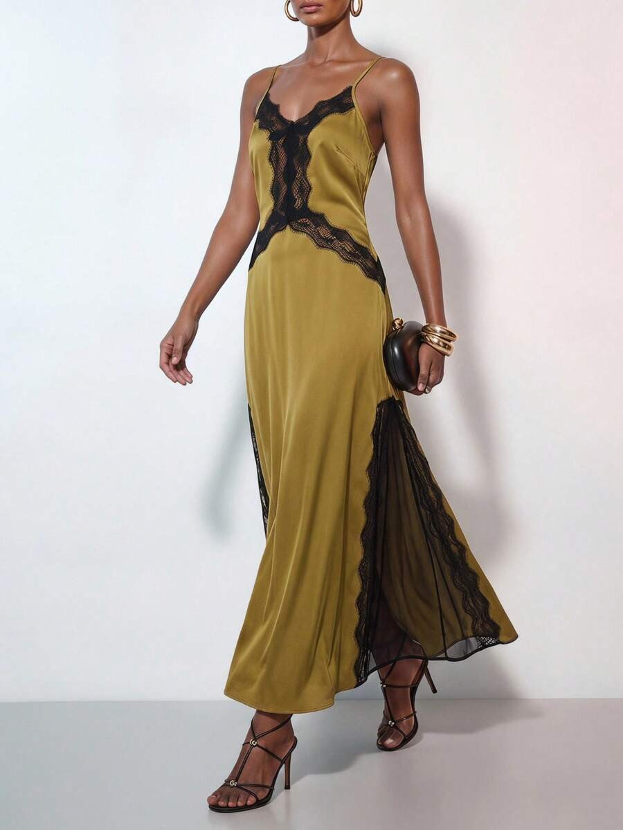 Zivah Summer Modern High-Street Elegant Olive Green Long Dress With Black Lace Trim,Women's Camis... | SHEIN