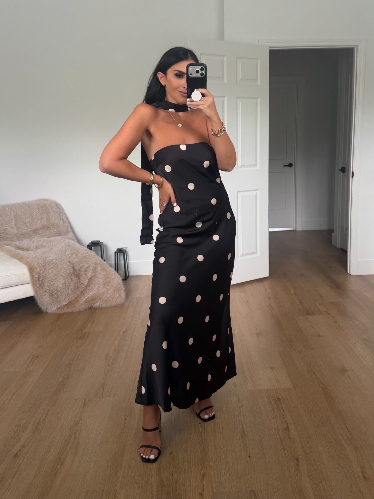 Petal & Pup Jutta Strapless Maxi Dress Black Polka Dot wearing size medium