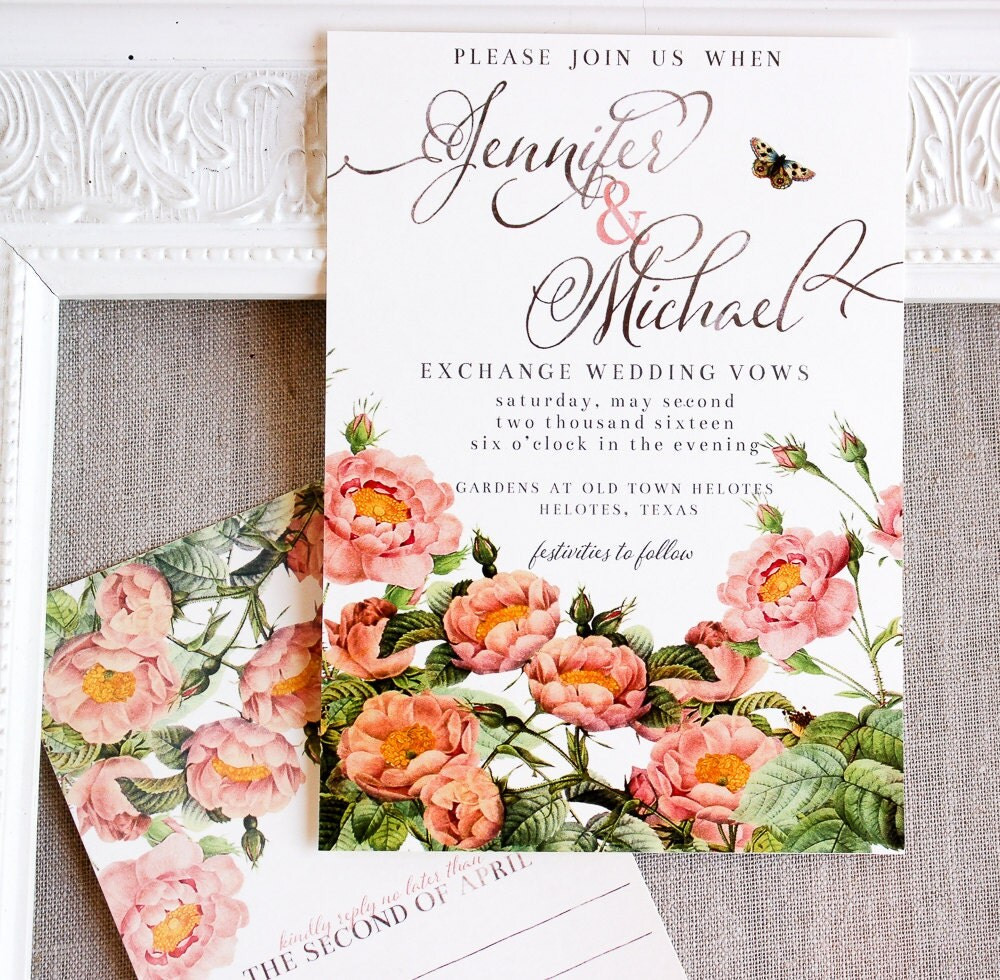 Blush Pink and Rose Gold Wedding Invitation  botanical wedding invite  butterfly invitation  garden wedding  rose wedding  watercolor | Etsy (US)