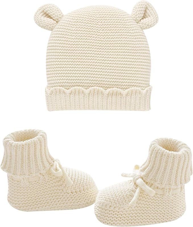 Hadetoto Cotton Baby Beanie and Booties Set Newborn Knit Sock Shoes Warm Winter Hat Cap for Infan... | Amazon (US)