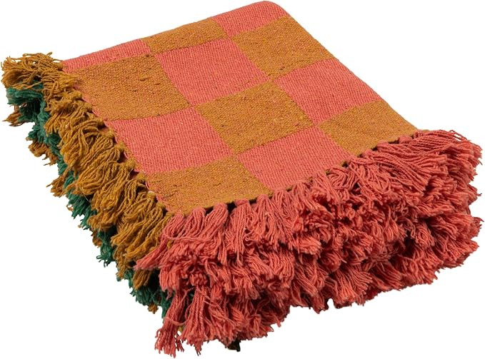 Creative Co-Op Woven Cotton Blend Two-Tone Checked Throw with Fringe, Multicolor | Amazon (US)