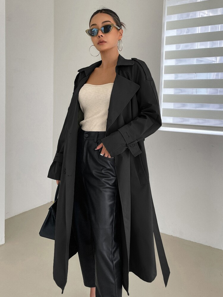 DAZY Raglan Sleeve Epaulettes Design Belted Trench Coat | SHEIN