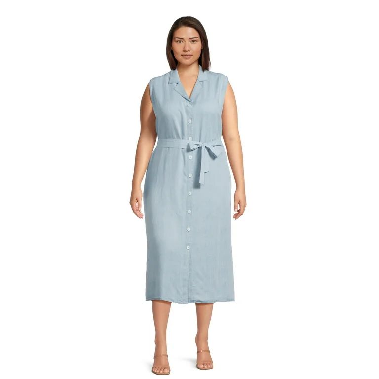 Time and Tru Women's and Women's Plus Button Down Shirt Dress with Belt, Sizes XS-4X - Walmart.co... | Walmart (US)