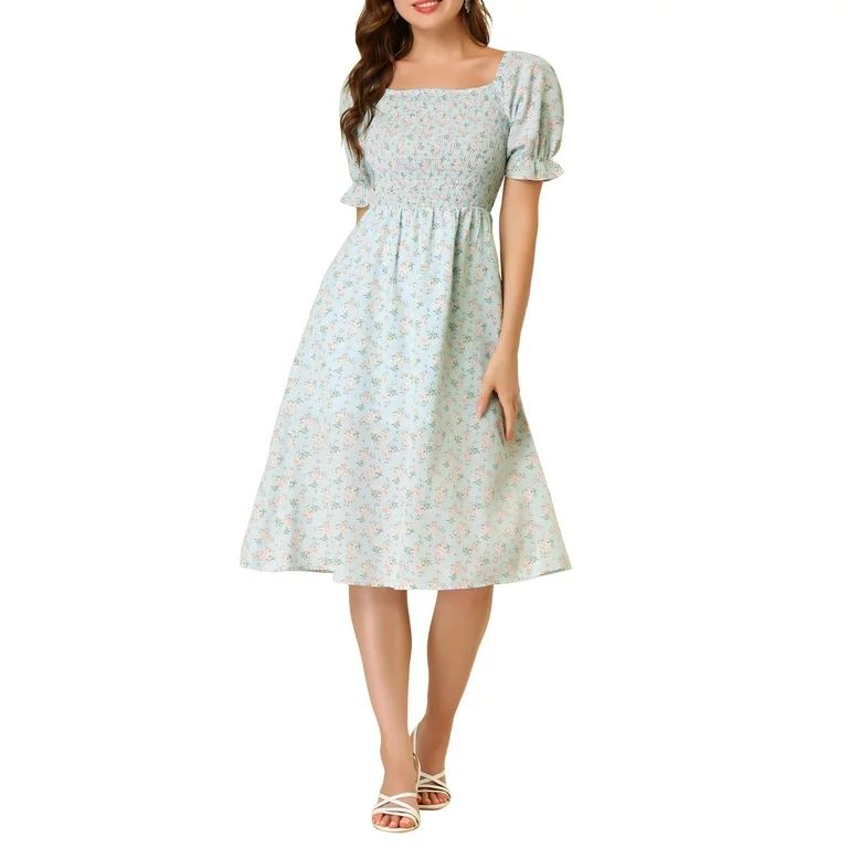 Allegra K Women's Square Neck Puff Sleeves Casual Midi Smocked Floral Dresses | Walmart (US)