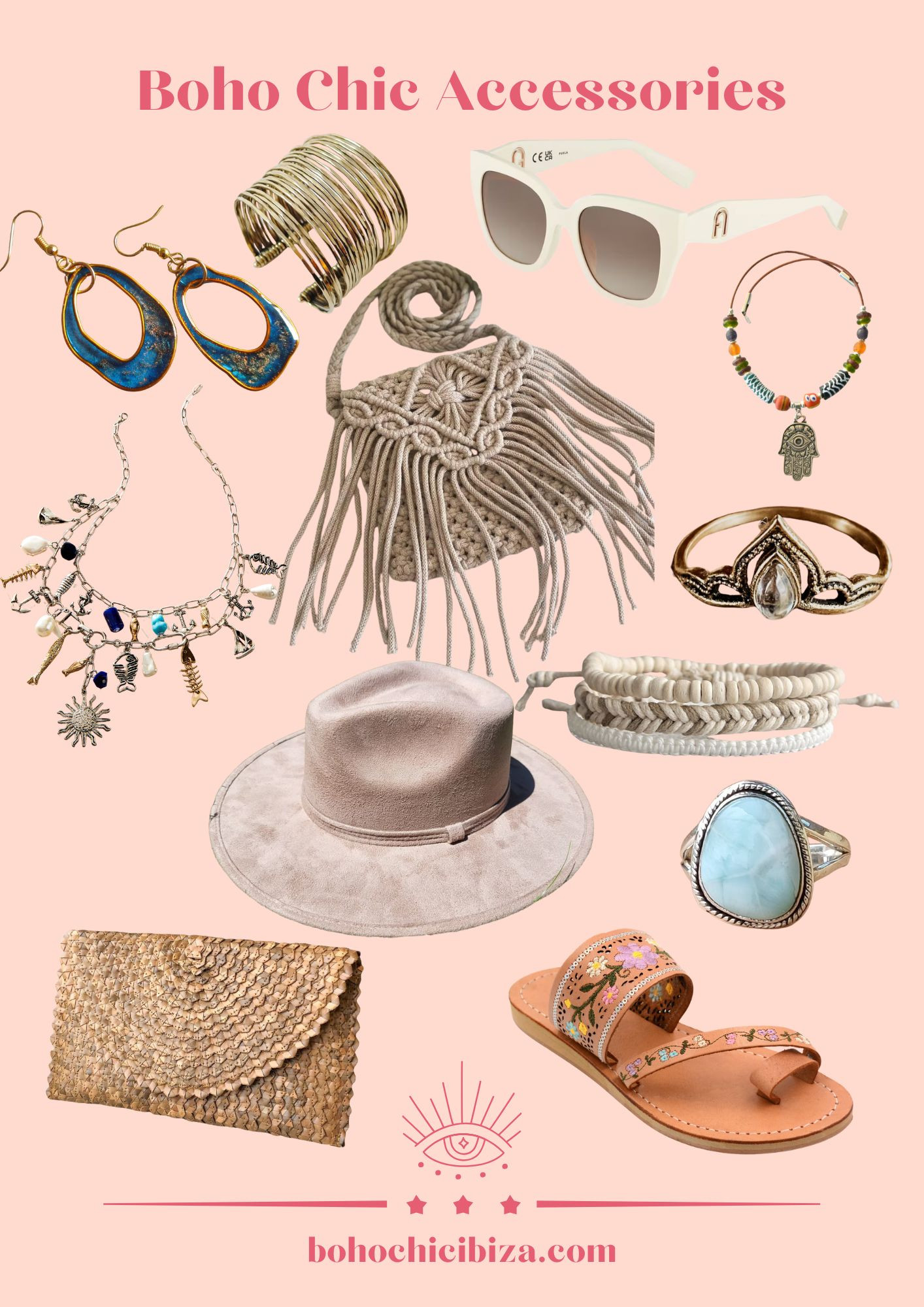 Boho Chic Accessories
- Wide Gold Tone Cuff Bracelet
- Furla Sunglasses
- Handmade Macrame Crossbody Bag
- Minimalist Bracelets
- Moonstone Boho Ring
- Beautiful Larimar Ring
- Maxamillion Charm Necklace
- Boho Chic Handmade Bag
- Huarache sandals
- Boho Fatima necklace
- Gold Earrings
- Wide Brim Fedora 

 #LTKsummer #LTKfestival #LTKstyletip