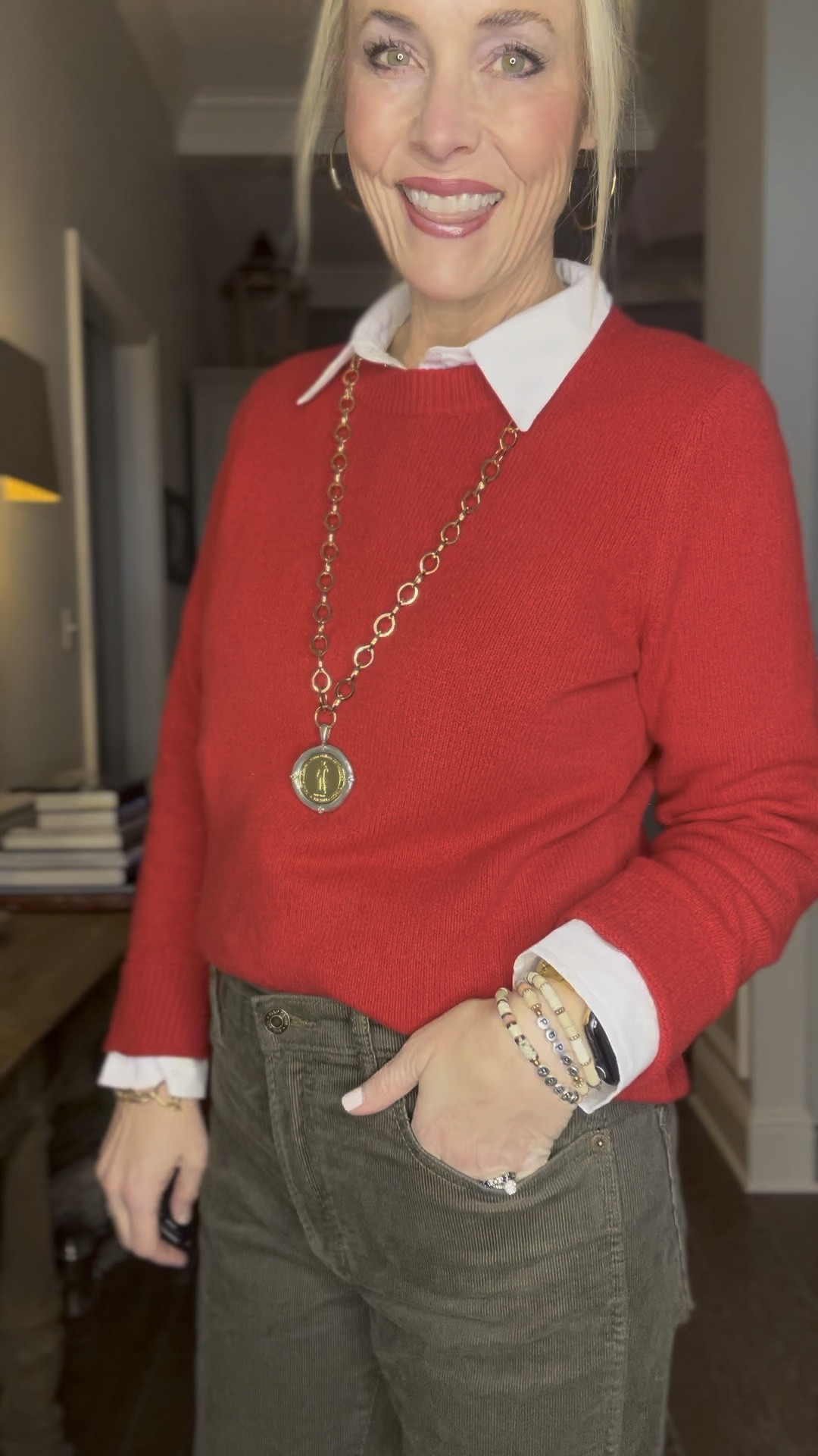 Today’s OOTD feels like I’m kicking it back to my preppy era in the early 80’s with a bit of a modern updated twist. 

Sweater is the CashSoft crewneck from Gap in a medium, pants are the high rise corduroy vintage slim pants in dark green (kind of an army green) in an 8 (I sized up for a relaxed fit, but they are definitely TTS) also from Gap, a fitted white button down from Amazon in a medium, and taupe suede platform ankle boots from Stockplace. 

I’m wearing my favorite everyday jewelry from Amazon, Etsy, and Jennifer Ponson. 

As a reminder for reference, I’m 53, 5’8, and 140 lbs and typically wear a 6/8/M. 

#LTKSeasonal #LTKHoliday #LTKGiftGuide