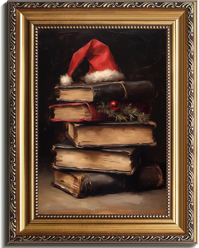 Vintage Christmas Book Wall Art Print Framed in GoldSanta Hat Wall Decor, Book Art Still Life Pri... | Amazon (US)