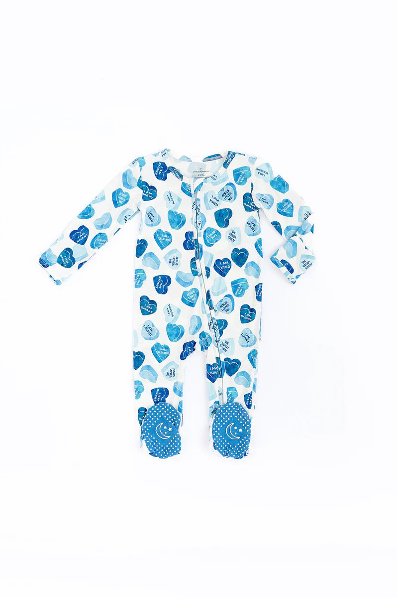 Blue Affirmation Heart Footed One piece | Little Pajama Co.