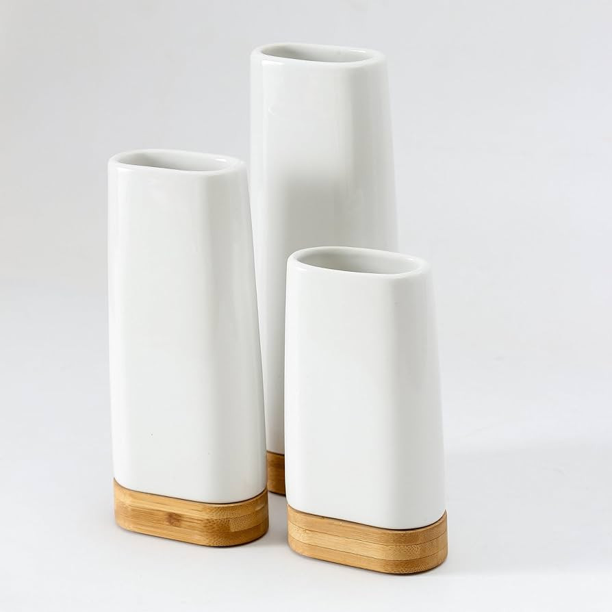 DAILY RITMO Vase Set of 3 | Unique Minimalist Vases with Bamboo Base | Modern Oval Ceramic Vases ... | Amazon (US)