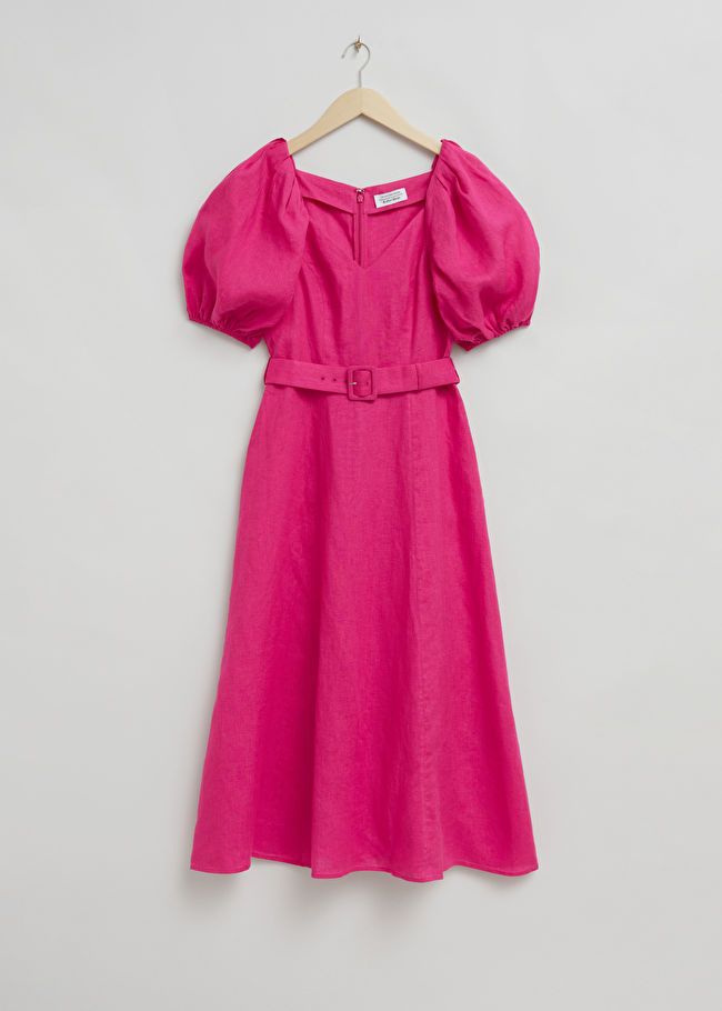 Linen Puff Sleeve Midi Dress - Bright Pink - Midi dresses - & Other Stories US | & Other Stories US