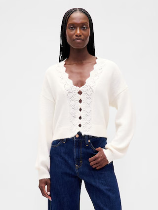 Fuzzy Pointelle Scalloped Crop Cardigan | Gap (US)