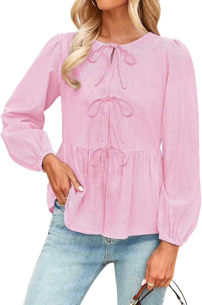 NENONA Women's Bow Tie Front Babydoll Blouse Tops Long Sleeve Stripe Peplum Ruffle Lace Up Shirts | Amazon (US)