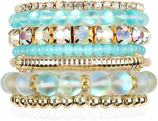 RIAH FASHION Multi Color Stretch Beaded Stackable Bracelets - Layering Bead Strand Statement Wrap... | Amazon (US)