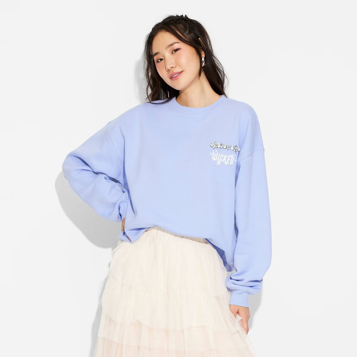 Adult Wicked Crew Fleece Graphic Sweatshirt with Rhinestones - Blue | Target