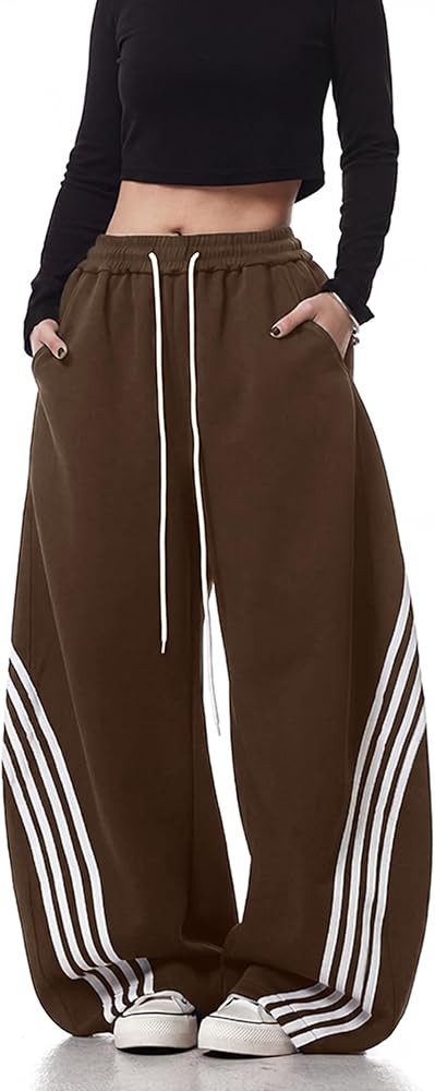 EMMIOL Women\u2019s Y2K Baggy Barrel Striped Sweatpants High Waisted Wide Leg | Amazon (US)