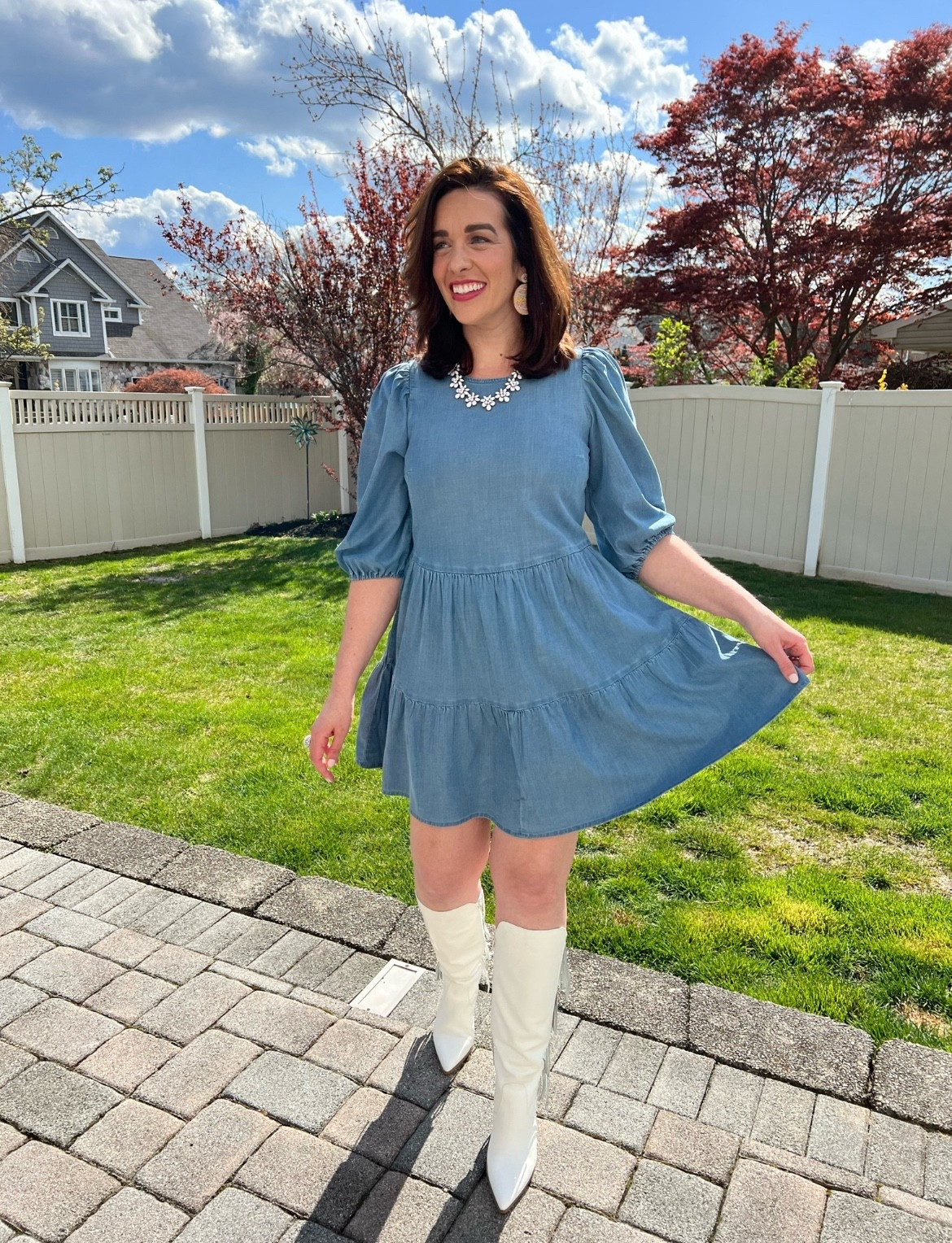 Denim dress (size small). White fringe boots (size 9). #denimdresses #dresses #dress #boots #fringeboots #whiteboots #denimdress #tallwhiteboots Denim Dress 

#LTKFindsUnder100 #LTKStyleTip #LTKSeasonal
