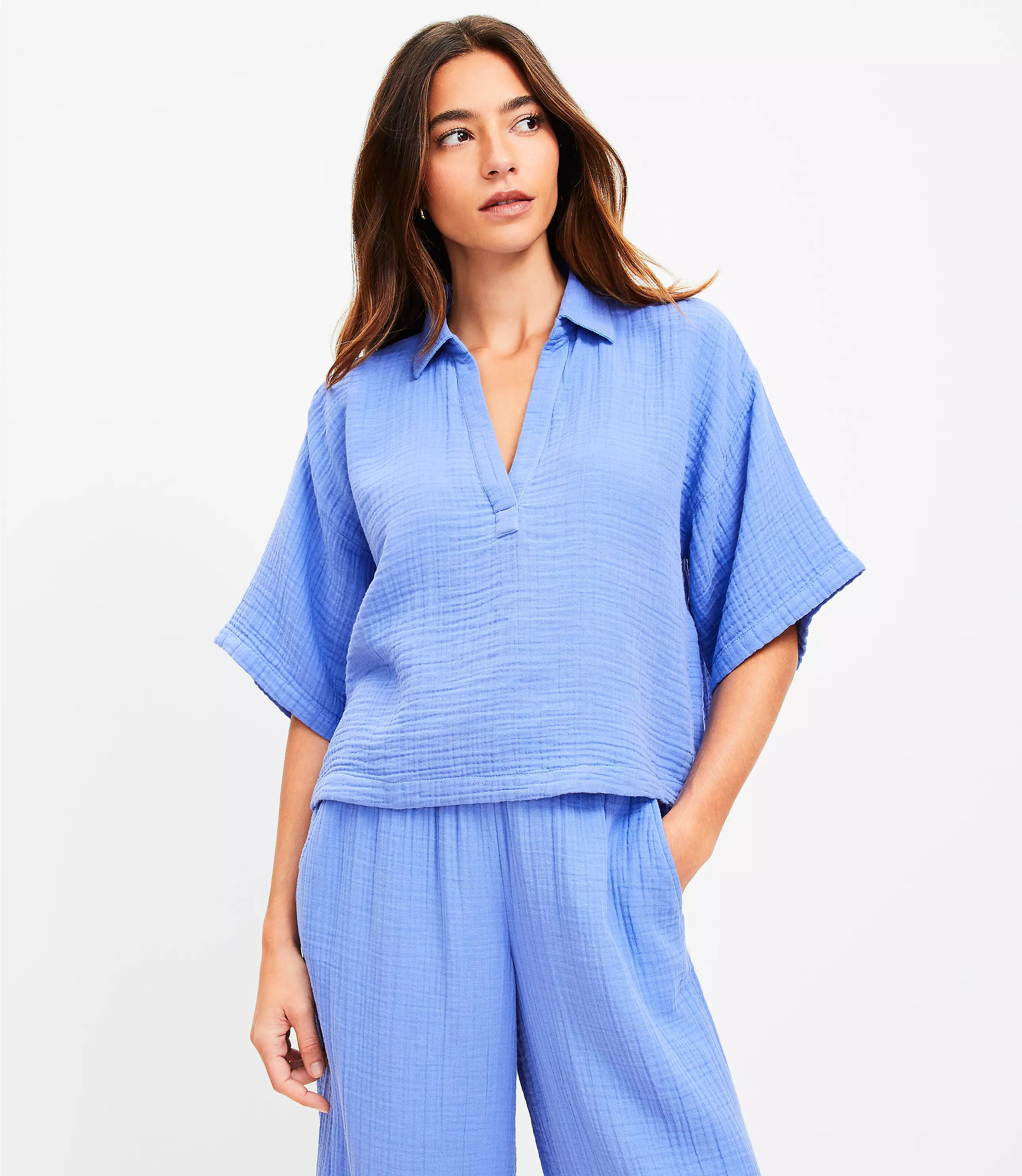 Petite LOFT Beach Triple Cloth Popover Shirt | LOFT