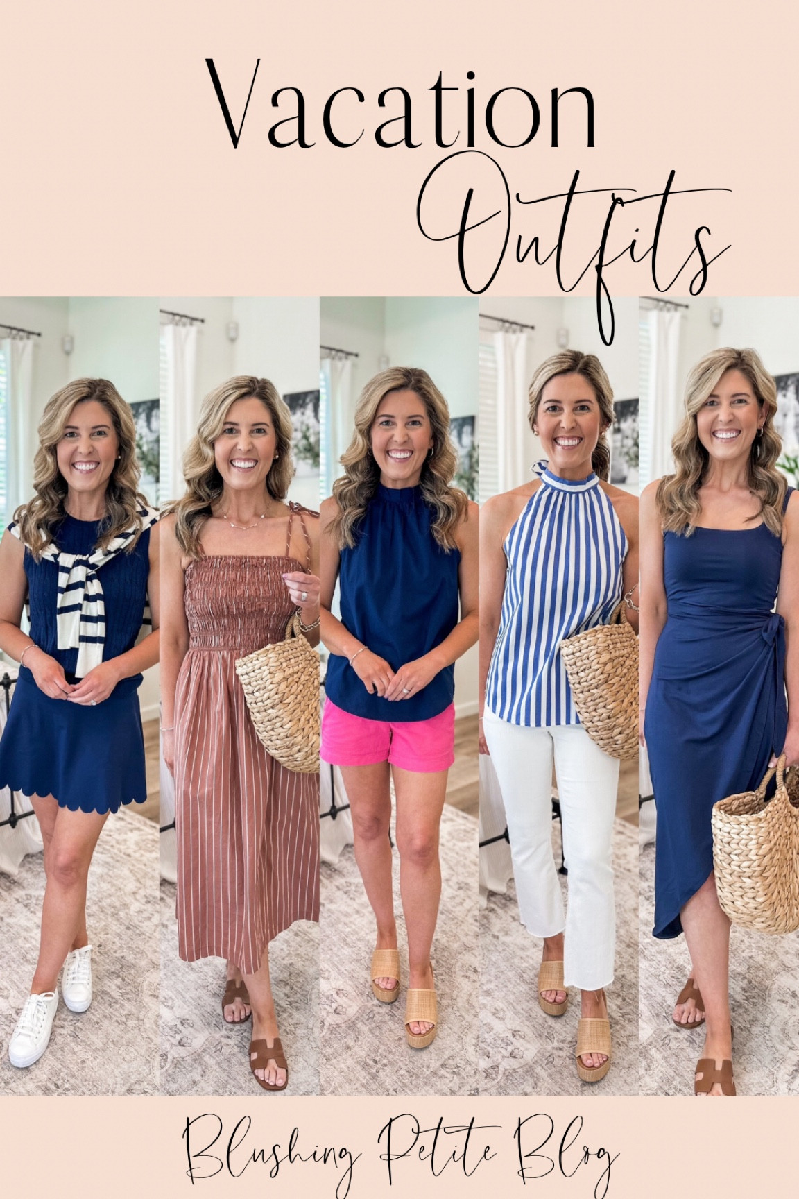 Vacation outfits/ cruise outfits/ casual vacation outfits/ vacation dress/ white pants/ wrap dress

Outfit 1- sweater vest tank- xs tts
Tennis skort- XXS tts
Keds- size 6, tts

Outfit 2- dress- xs tts
Sandals- go up 1/2 size 

Outfit 3- top tts, ties around the neck
Pink shorts- 00, tts 
Platform heels- size 6, tts

Outfit 4- top- xs, tts
White jeans- 24 Reg, tts
Heels tts

Outfit 5- wrap dress- XS (very fitted so go up one size if you’re in between)


#LTKSeasonal #LTKsalealert #LTKtravel