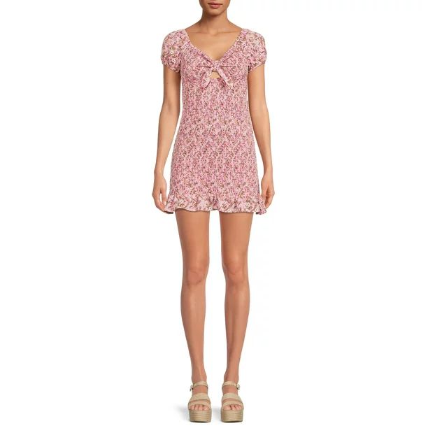 Madden NYC Juniors' Smocked Cut-Out Dress with Short Sleeves - Walmart.com | Walmart (US)