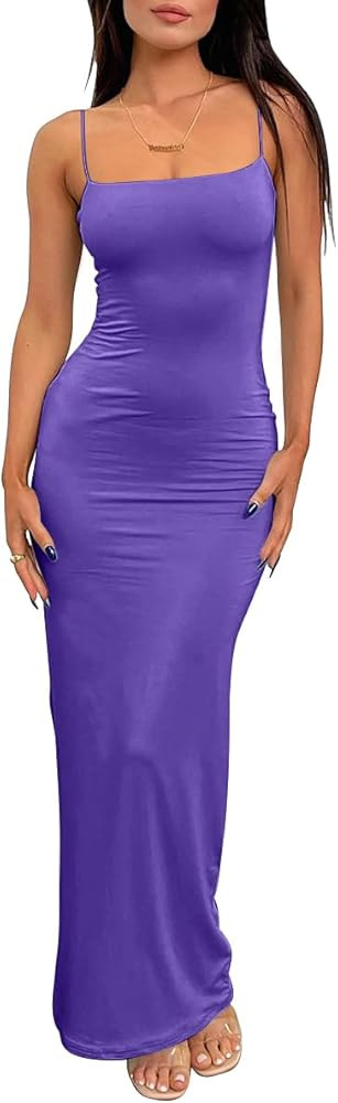 LILLUSORY Womens Summer Casual Slip Dresses Spaghetti Strap Double Lined Bodycon Maxi Dress | Amazon (US)
