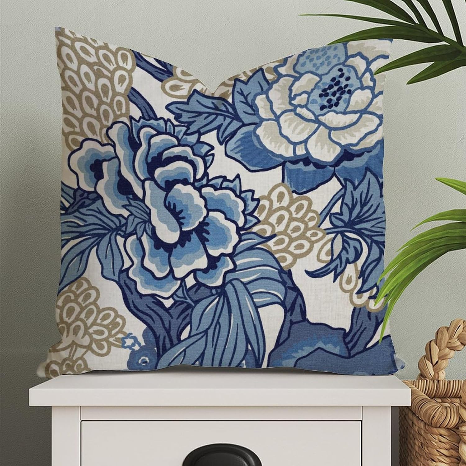Blue and Tan Chinoiserie Floral Decorative Pillow Cover 18x18 Eurosham or Lumbar Cushion Cover | Amazon (US)