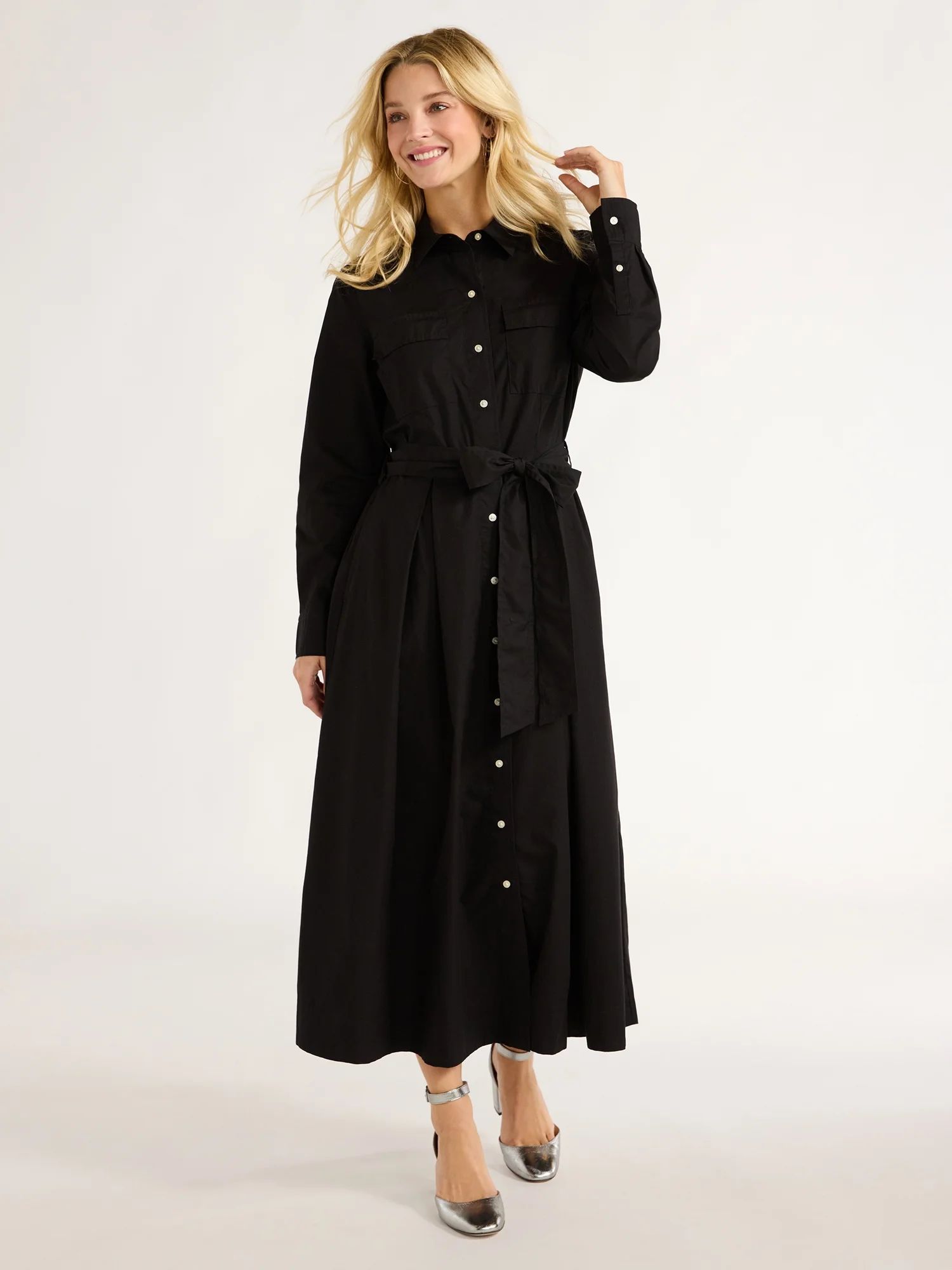 Free Assembly Women’s Cotton Maxi Shirtdress with Long Sleeves, Sizes XS-XXL - Walmart.com | Walmart (US)