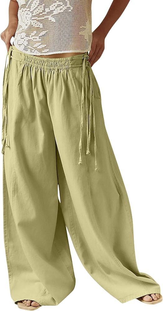 Women Loose Low Rise Drawstring Pants Baggy Elastic Waist Wide Leg Pants Summer Casual Palazzo Lo... | Amazon (US)
